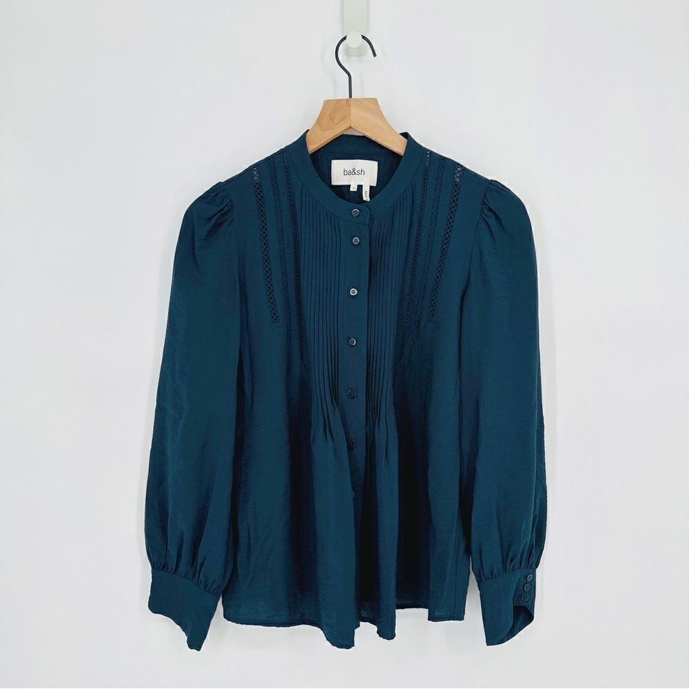 Ba&sh Laure Pintuck Button Front Shirt Puff Sleeve Crochet Trim Blue Women's XS